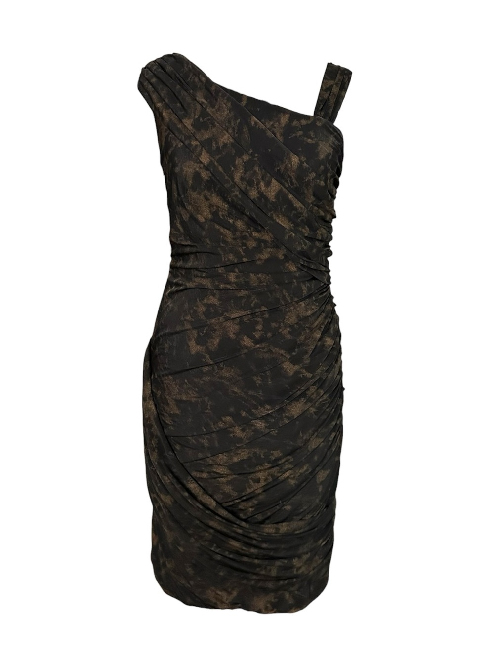 David Meister One-Shoulder Black and Bronze Ruched Cocktail Dress